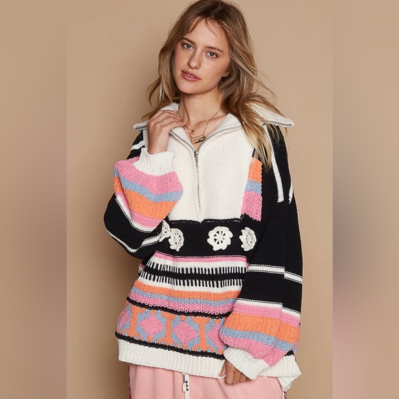 POL Sweaters - 99. POL LAST 1! Ski Pullover Sweater Oversized Chenille Flower Long Sleeve Zip